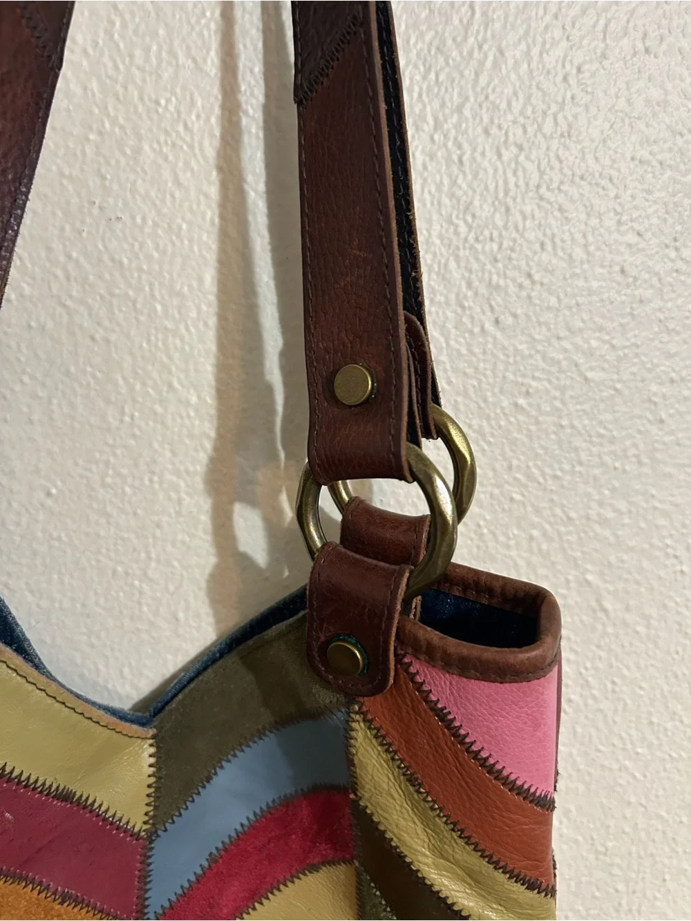 Lucky Brand Leather Multi-Color Chevron Patchwork Shoulder Bag Boho Vintage Y2K